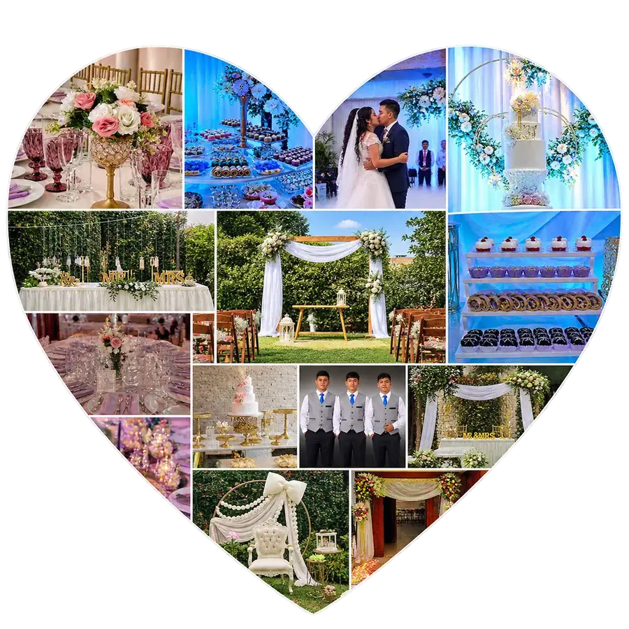 Collage en forma de corazón con decoración, mesas de dulces, tortas, bodas y mozos de Mardeys Eventos
