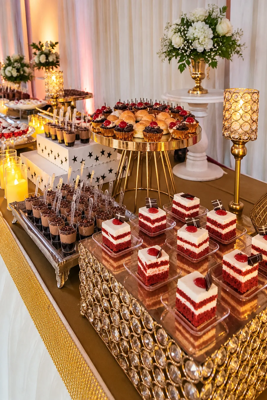 Mesa de postres con tortas, vasitos y cupcakes sobre base dorada