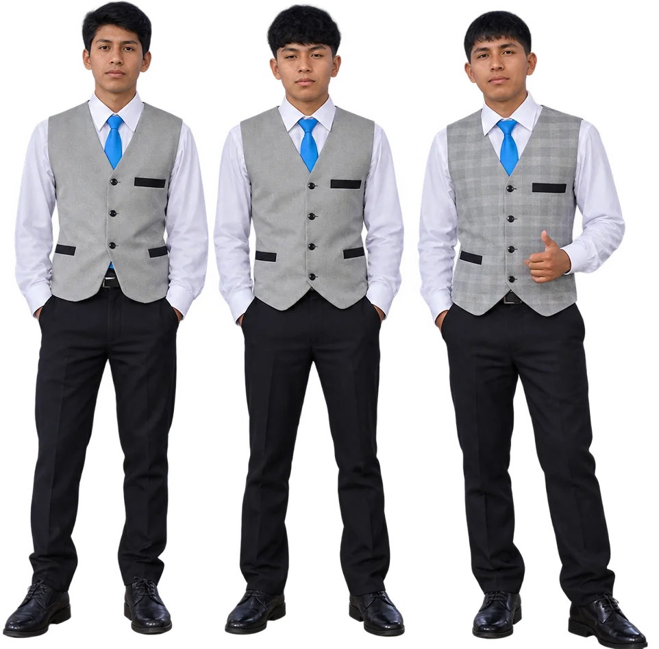 Mozos jóvenes del equipo de Mardeys Eventos con chaleco gris y corbata azul