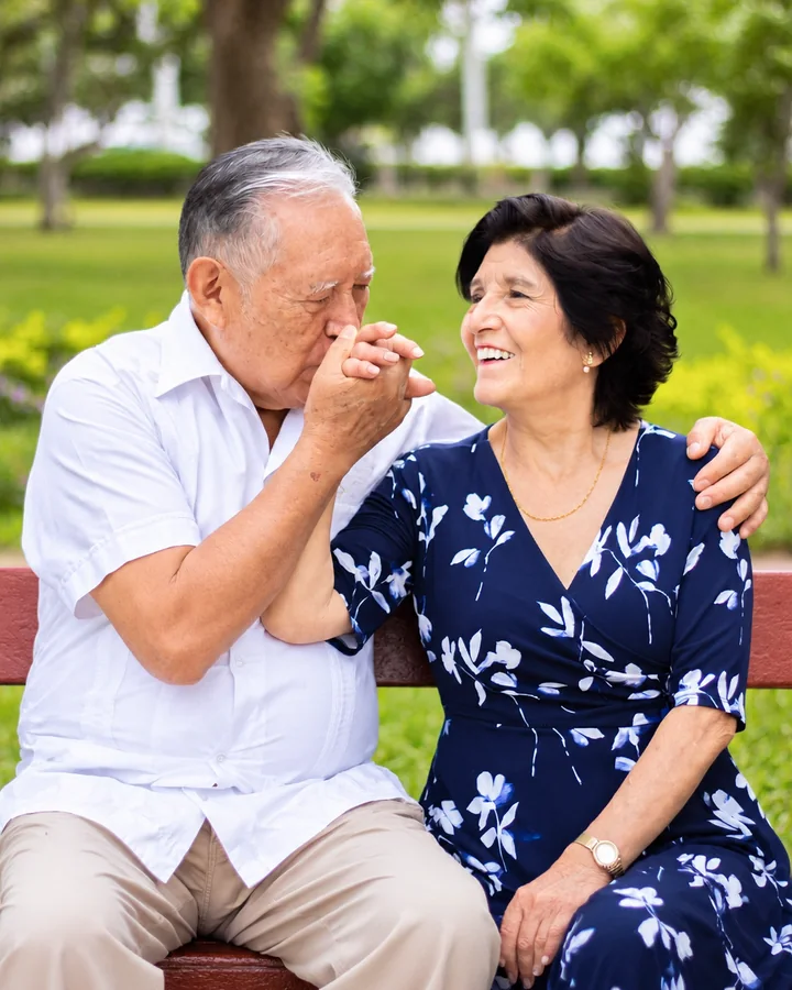 Pareja de adultos mayores en un parque, él besándole la mano